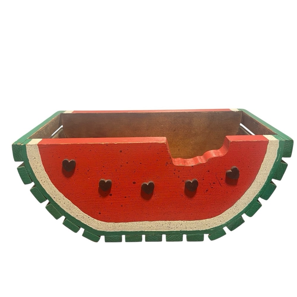 Watermelon Slice Picnic Basket Vintage Hand Painted Wooden Summer Kitchen